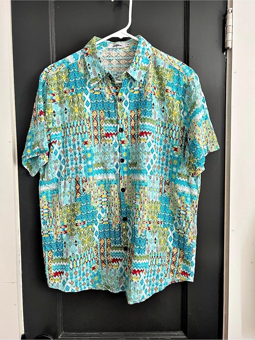 Vatpave Geometric Short Sleeve Shirt in Blue & Green Size Medium